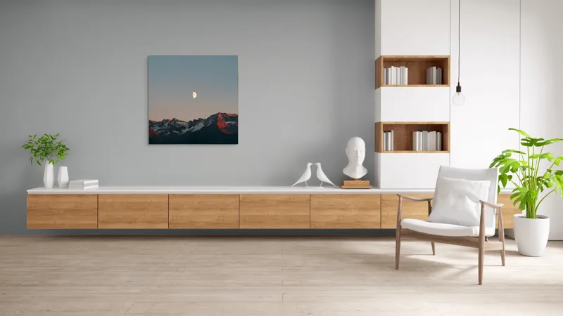 Tablou Canvas, "Luna peste munții înzăpeziți la apus", Lună, Munți, Cer, Amurg, Contrast, Umbre, Lumină, Vârfuri, Răcoare, Natură, 100 x 100 cm – poza 8
