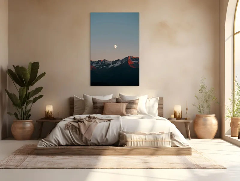 Tablou Canvas, "Luna peste munții înzăpeziți la apus", Lună, Munți, Cer, Amurg, Contrast, Umbre, Lumină, Vârfuri, Răcoare, Natură, 100 x 150 cm – poza 3