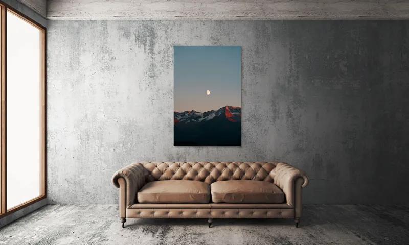 Tablou Canvas, "Luna peste munții înzăpeziți la apus", Lună, Munți, Cer, Amurg, Contrast, Umbre, Lumină, Vârfuri, Răcoare, Natură, 100 x 150 cm – poza 6
