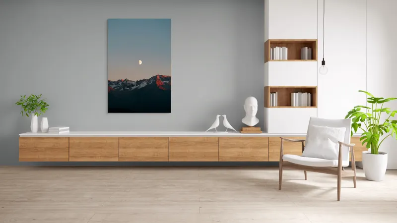 Tablou Canvas, "Luna peste munții înzăpeziți la apus", Lună, Munți, Cer, Amurg, Contrast, Umbre, Lumină, Vârfuri, Răcoare, Natură, 100 x 150 cm – poza 8