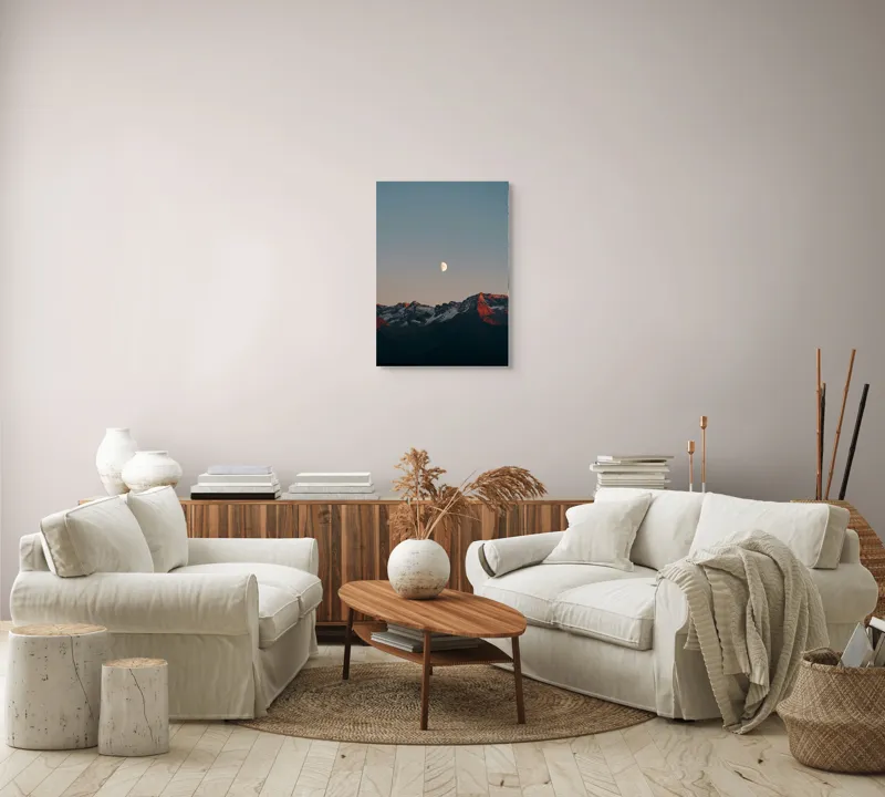 Tablou Canvas, "Luna peste munții înzăpeziți la apus", Lună, Munți, Cer, Amurg, Contrast, Umbre, Lumină, Vârfuri, Răcoare, Natură, 50 x 70 cm – poza 4