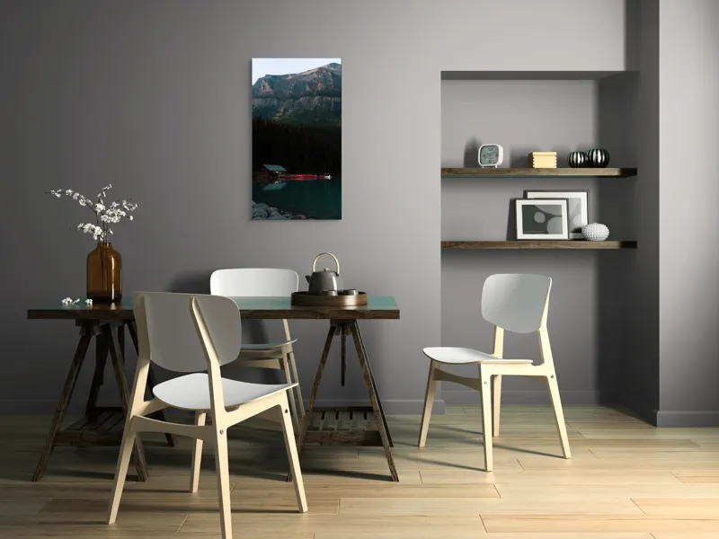 Tablou Canvas, "Cabana liniștită sub muntele stâncos", Calm, Majestic, Serene, Picturesque, Tranquil, Reflective, Mystical, Enchanting, 50 x 90 cm – poza 4