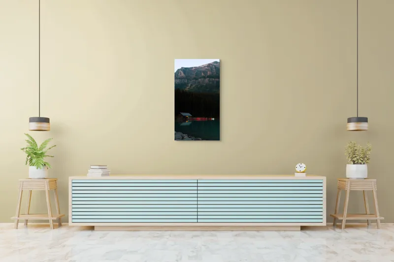 Tablou Canvas, "Cabana liniștită sub muntele stâncos", Calm, Majestic, Serene, Picturesque, Tranquil, Reflective, Mystical, Enchanting, 50 x 90 cm – poza 6