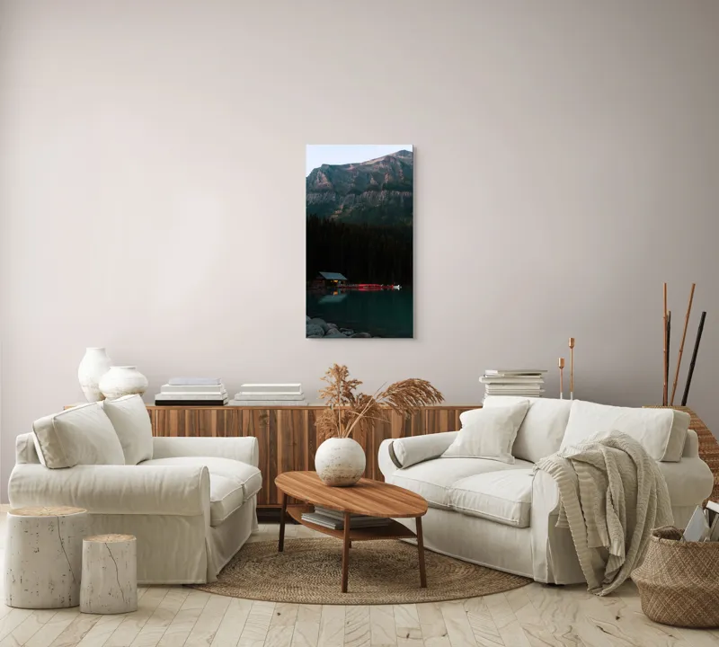 Tablou Canvas, "Cabana liniștită sub muntele stâncos", Calm, Majestic, Serene, Picturesque, Tranquil, Reflective, Mystical, Enchanting, 50 x 90 cm – poza 7