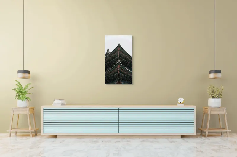 Tablou Canvas, "Arhitectură Ancestrală Sub Fulgi Albi", 50 x 90 cm – poza 6
