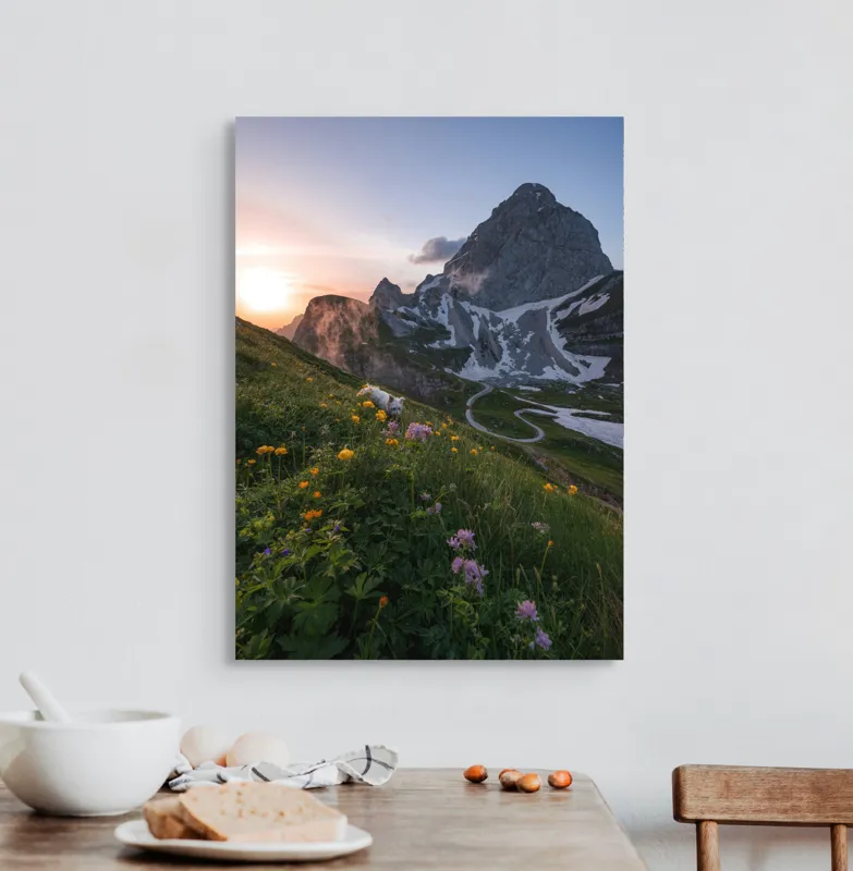 Tablou Canvas Peisaj Alpin Munte Apus Natură Flori, 50 x 70 cm – poza 3