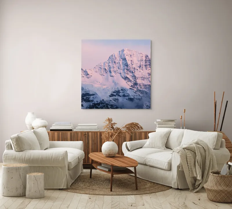 Tablou Canvas, "Munții acoperiți de zăpadă la răsărit", Măreție, Liniște, Frumusețe, Puritate, Grandios, Eternitate, Strălucire, Ceruri, Alb, Rece, 100 x 100 cm – poza 3