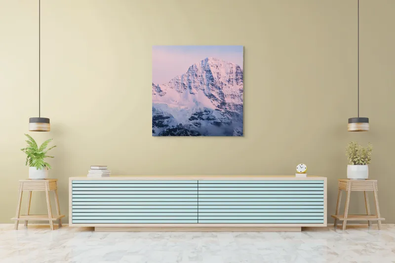 Tablou Canvas, "Munții acoperiți de zăpadă la răsărit", Măreție, Liniște, Frumusețe, Puritate, Grandios, Eternitate, Strălucire, Ceruri, Alb, Rece, 100 x 100 cm – poza 5