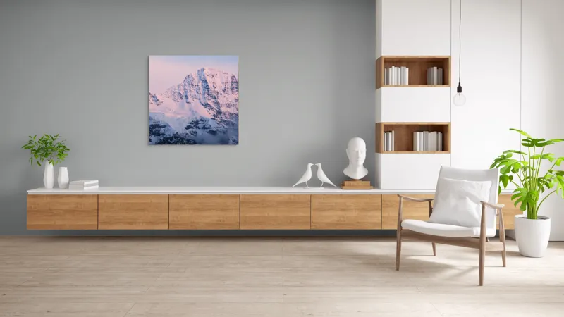 Tablou Canvas, "Munții acoperiți de zăpadă la răsărit", Măreție, Liniște, Frumusețe, Puritate, Grandios, Eternitate, Strălucire, Ceruri, Alb, Rece, 100 x 100 cm – poza 8
