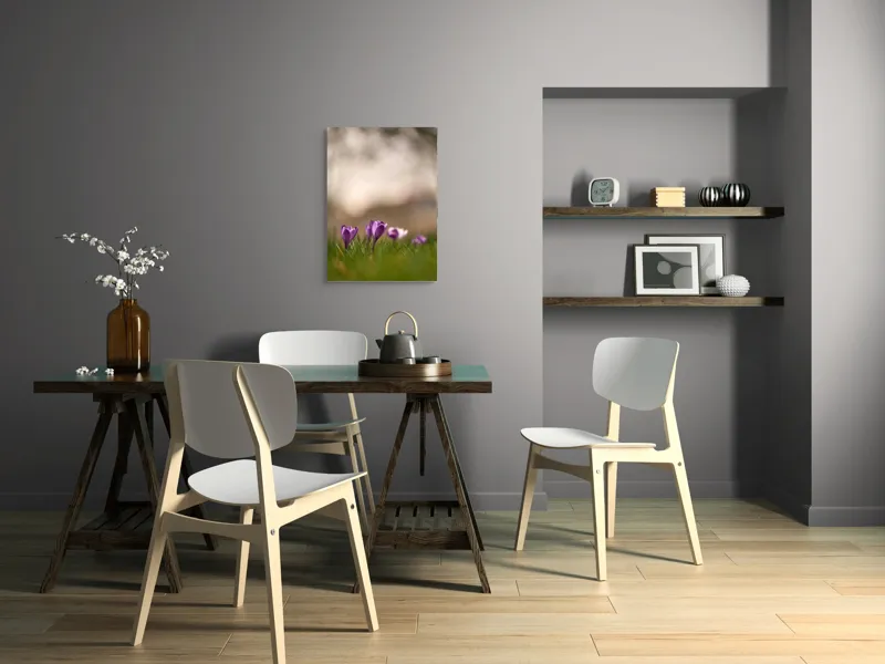 Tablou Canvas, "Culorile delicate ale primăverii timpurii", Flori, Violet, Fragilitate, Primăvară, Natură, Iarbă, Blândețe, Înfloresc, Pastel, Peisaj, 50 x 70 cm – poza 5