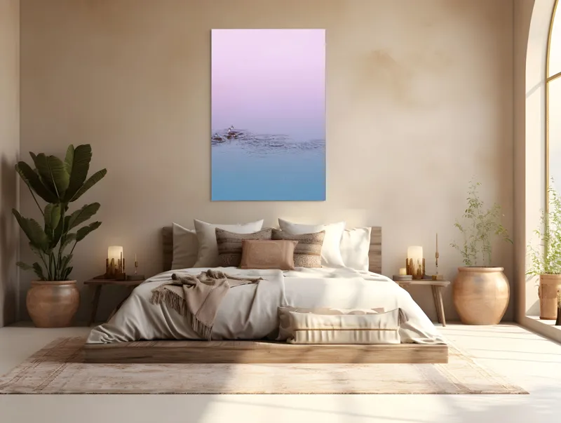 Tablou Canvas, "Picături de ploaie în zori pastelate", Apă, Cer, Picături, Cercuri, Reflexie, Roz, Albastru, Liniște, 100 x 150 cm – poza 3