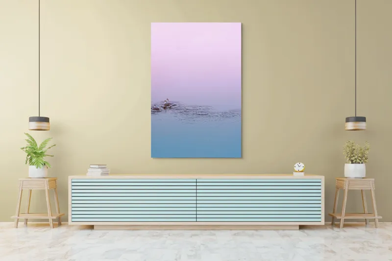 Tablou Canvas, "Picături de ploaie în zori pastelate", Apă, Cer, Picături, Cercuri, Reflexie, Roz, Albastru, Liniște, 100 x 150 cm – poza 4