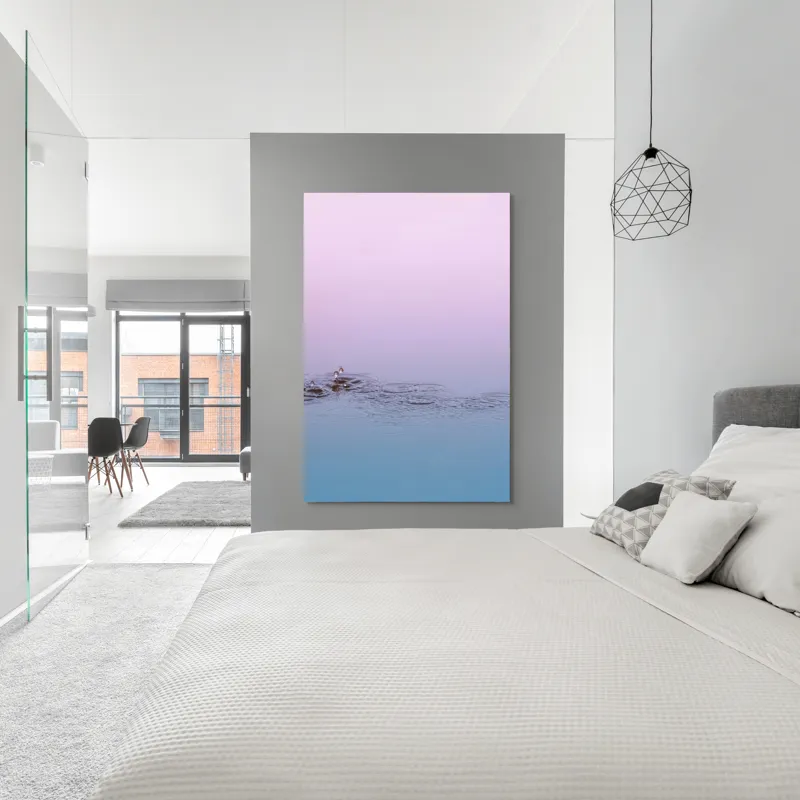 Tablou Canvas, "Picături de ploaie în zori pastelate", Apă, Cer, Picături, Cercuri, Reflexie, Roz, Albastru, Liniște, 100 x 150 cm – poza 5