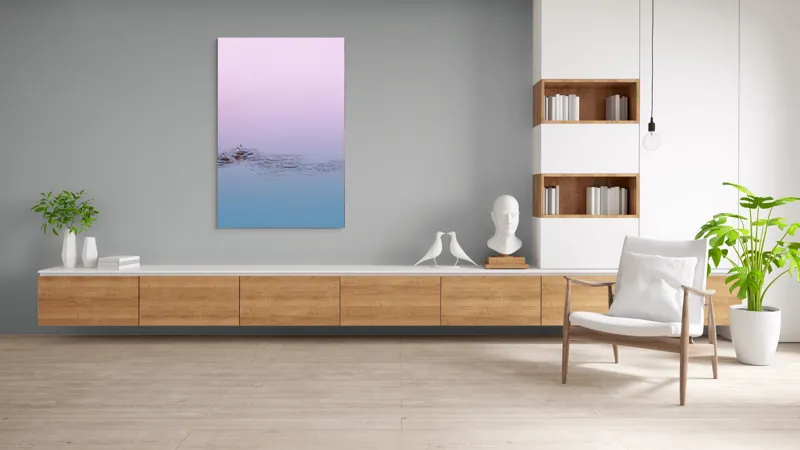 Tablou Canvas, "Picături de ploaie în zori pastelate", Apă, Cer, Picături, Cercuri, Reflexie, Roz, Albastru, Liniște, 100 x 150 cm – poza 8