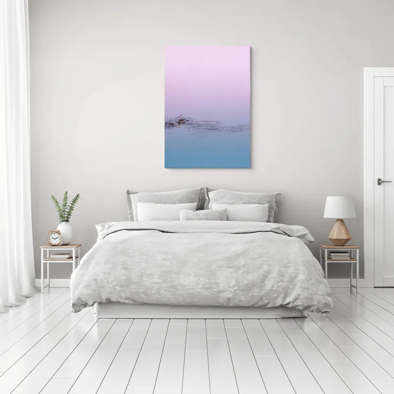 Tablou Canvas, "Picături de ploaie în zori pastelate", Apă, Cer, Picături, Cercuri, Reflexie, Roz, Albastru, Liniște, 70 x 100 cm – poza 3