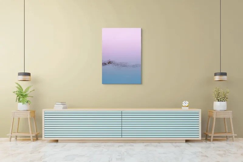 Tablou Canvas, "Picături de ploaie în zori pastelate", Apă, Cer, Picături, Cercuri, Reflexie, Roz, Albastru, Liniște, 70 x 100 cm – poza 5
