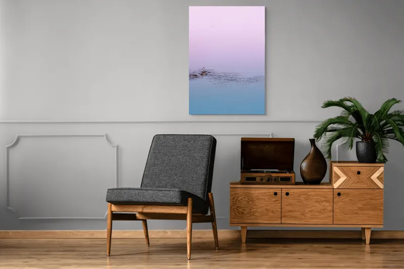 Tablou Canvas, "Picături de ploaie în zori pastelate", Apă, Cer, Picături, Cercuri, Reflexie, Roz, Albastru, Liniște, 70 x 100 cm – poza 6