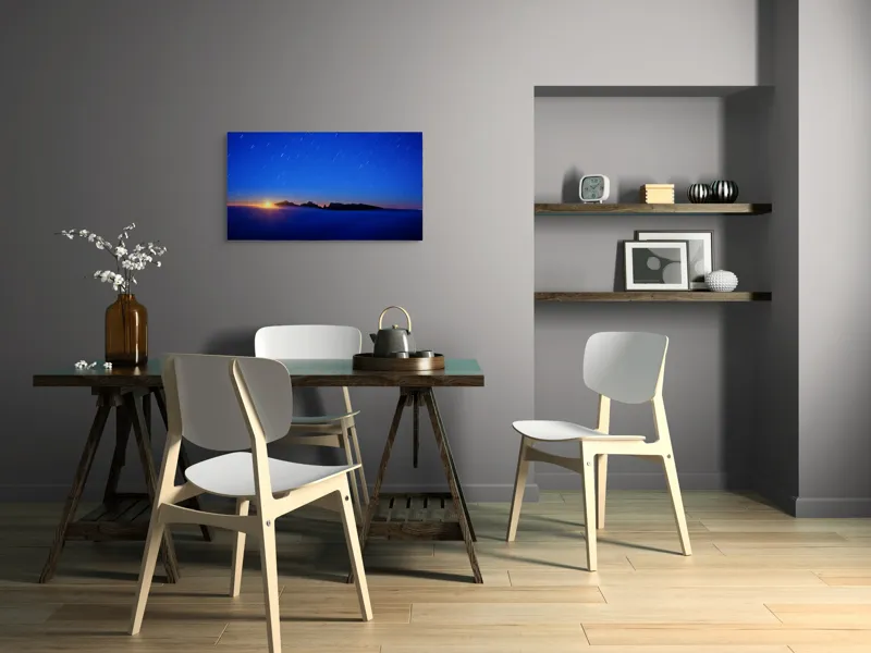 Tablou Canvas, "Apus strălucitor peste munți și ceruri", Cer, Stele, Peisaj, Amurg, Orizont, Silueta, Munți, Lumină, Nor, Infinit, 90 x 50 cm – poza 3