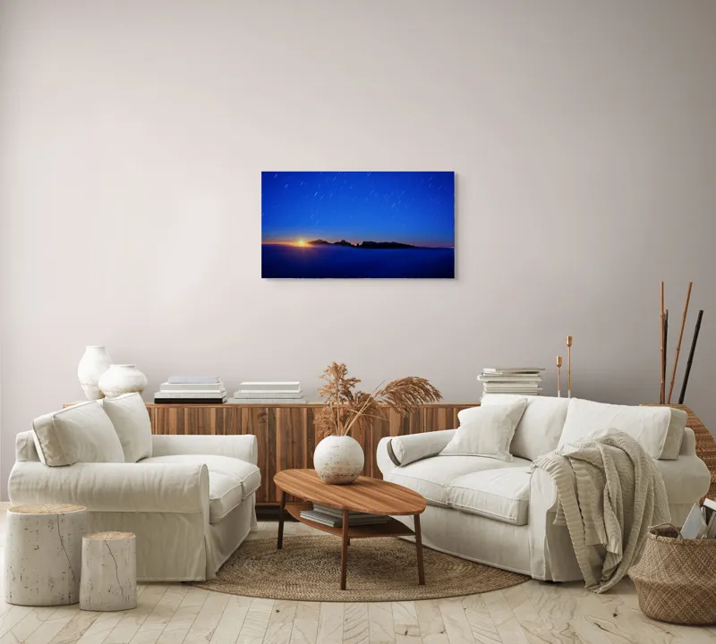Tablou Canvas, "Apus strălucitor peste munți și ceruri", Cer, Stele, Peisaj, Amurg, Orizont, Silueta, Munți, Lumină, Nor, Infinit, 90 x 50 cm – poza 4