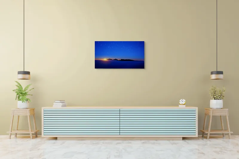 Tablou Canvas, "Apus strălucitor peste munți și ceruri", Cer, Stele, Peisaj, Amurg, Orizont, Silueta, Munți, Lumină, Nor, Infinit, 90 x 50 cm – poza 5