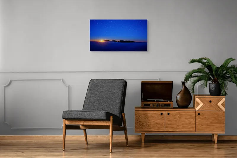 Tablou Canvas, "Apus strălucitor peste munți și ceruri", Cer, Stele, Peisaj, Amurg, Orizont, Silueta, Munți, Lumină, Nor, Infinit, 90 x 50 cm – poza 6