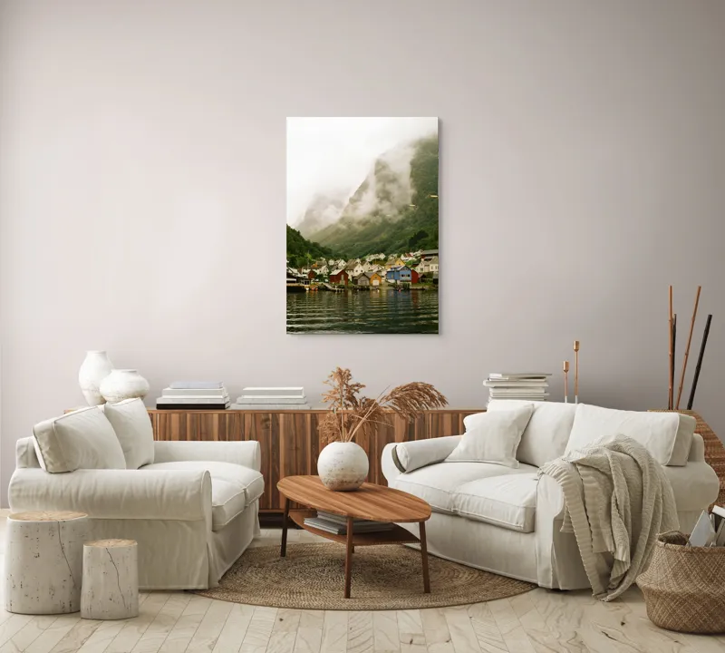 Tablou Canvas Peisaj Norvegic Sat în ceață nordică, 70 x 100 cm – poza 4