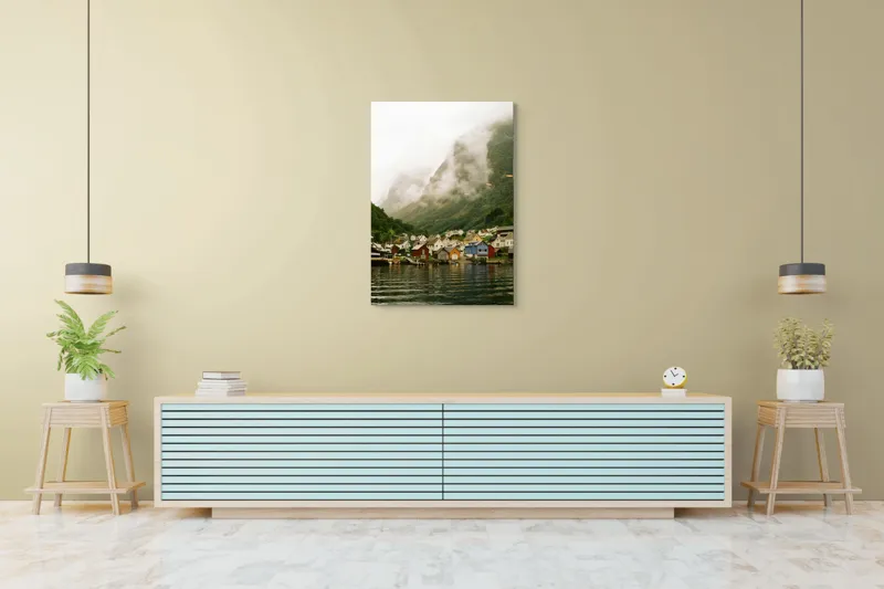 Tablou Canvas Peisaj Norvegic Sat în ceață nordică, 70 x 100 cm – poza 5