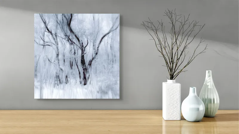 Tablou Canvas, "Vis de iarnă în pădurea înghețată", Alb, Înghețat, Copaci, Vânt, Etereal, Rece, Tăcere, 50 x 50 cm – poza 3