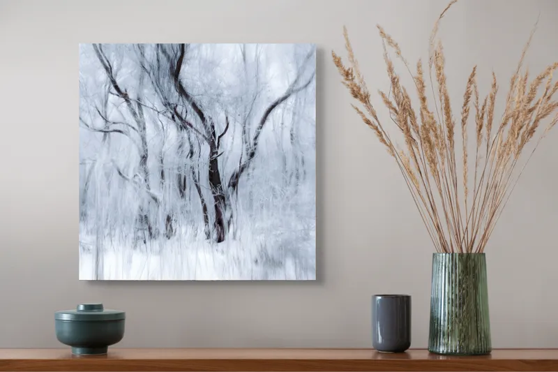 Tablou Canvas, "Vis de iarnă în pădurea înghețată", Alb, Înghețat, Copaci, Vânt, Etereal, Rece, Tăcere, 50 x 50 cm – poza 4