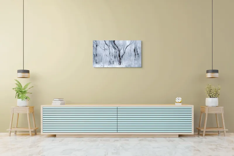 Tablou Canvas, "Vis de iarnă în pădurea înghețată", Alb, Înghețat, Copaci, Vânt, Etereal, Rece, Tăcere, 90 x 50 cm – poza 5
