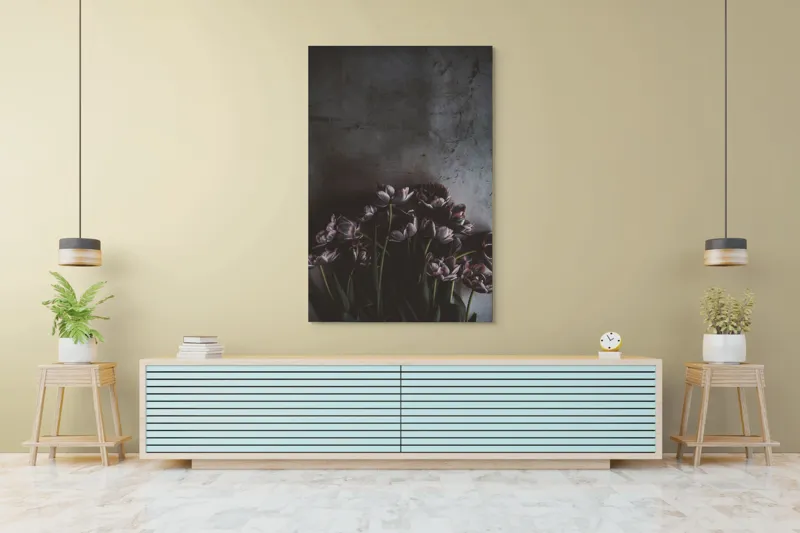 Tablou Canvas, "Flori de lalea în penumbră misterioasă", Flori, Lalele, Umbre, Textură, Întunecat, Elegant, Natural, Bogat, Contrast, Delicat, 100 x 150 cm – poza 4