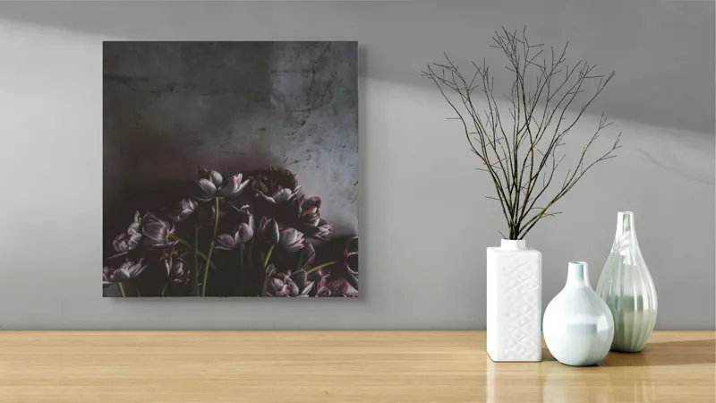 Tablou Canvas, "Flori de lalea în penumbră misterioasă", Flori, Lalele, Umbre, Textură, Întunecat, Elegant, Natural, Bogat, Contrast, Delicat, 50 x 50 cm – poza 3