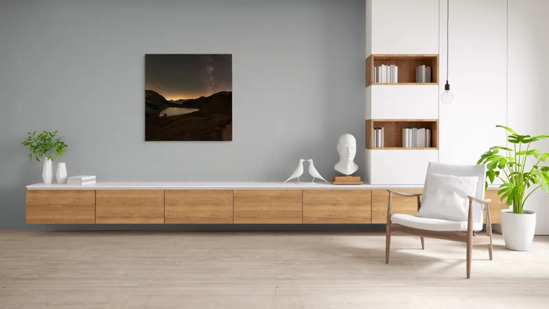 Peisaj Nocturn Majestic: Cer înstelat, munți și lac multicolor pe canvas, 100 x 100 cm – poza 8