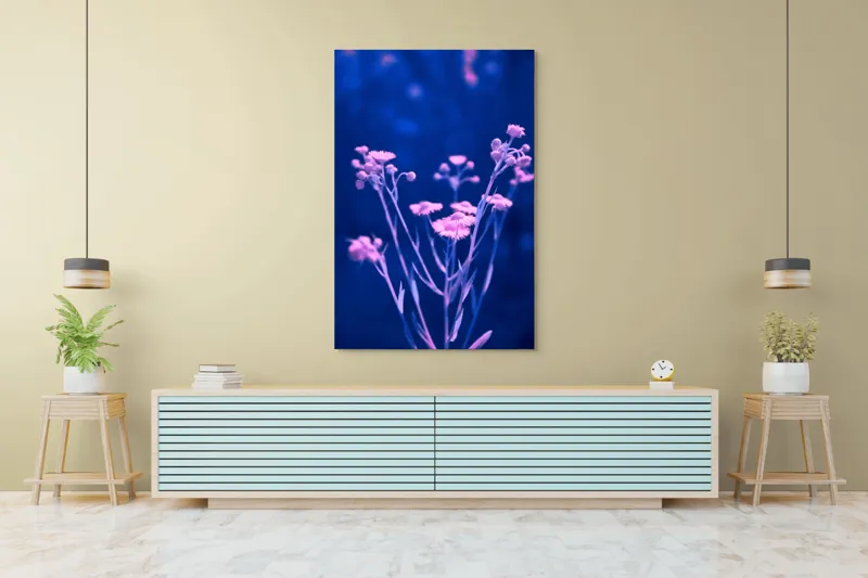 Tablou Canvas, "Flori în nuanțe de albastru și roz", Flori, Delicate, Albastru, Roz, Fragil, Senin, Misterios, Nocturn, Contrast, Viu, 100 x 150 cm – poza 4
