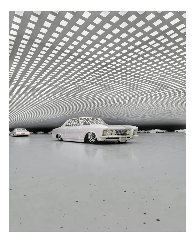 Tablou Canvas, "Mașini într-un tunel futurist alb", Mașină, Vechi, Retro, Futuristic, Alb, Elegant, Luminos, Grilaj, Reflecție, Parcare., 100 x 100 cm