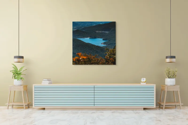Tablou Canvas Natură Lac Munte Pădure Reflecție Tranquilitate, 100 x 100 cm – poza 5