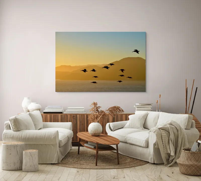 Tablou Canvas, Zbor de pelicani la apusul marii, , Multicolor, 150 x 100 cm – poza 3