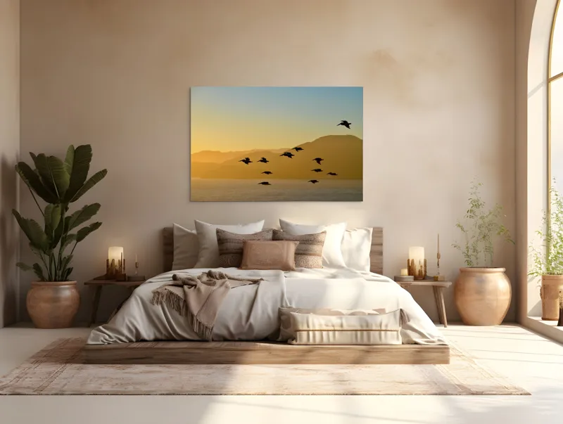 Tablou Canvas, Zbor de pelicani la apusul marii, , Multicolor, 150 x 100 cm – poza 4