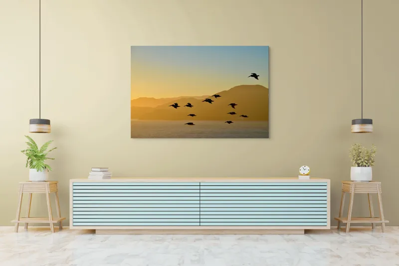Tablou Canvas, Zbor de pelicani la apusul marii, , Multicolor, 150 x 100 cm – poza 6
