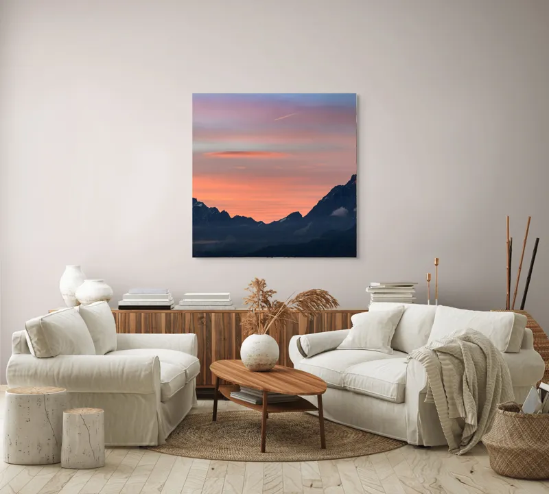 Tablou Canvas, Peisaj Montan la Apus, 100 x 100 cm – poza 3