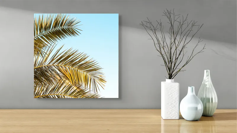 Tablou Canvas, "Frunzele aurii ale verii tropicale", Frunze, Palmier, Cer, Albastru, Soare, Varfuri, Lumina, 50 x 50 cm – poza 3