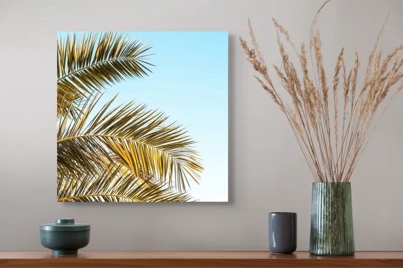 Tablou Canvas, "Frunzele aurii ale verii tropicale", Frunze, Palmier, Cer, Albastru, Soare, Varfuri, Lumina, 50 x 50 cm – poza 4