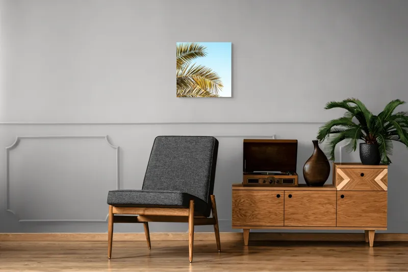 Tablou Canvas, "Frunzele aurii ale verii tropicale", Frunze, Palmier, Cer, Albastru, Soare, Varfuri, Lumina, 50 x 50 cm – poza 6