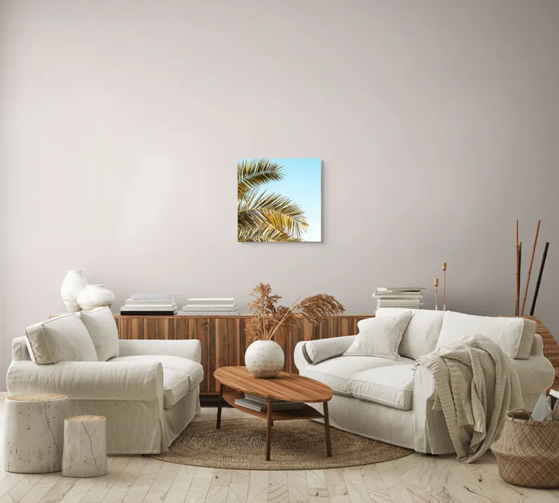 Tablou Canvas, "Frunzele aurii ale verii tropicale", Frunze, Palmier, Cer, Albastru, Soare, Varfuri, Lumina, 50 x 50 cm – poza 7