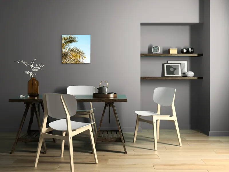 Tablou Canvas, "Frunzele aurii ale verii tropicale", Frunze, Palmier, Cer, Albastru, Soare, Varfuri, Lumina, 50 x 50 cm – poza 8