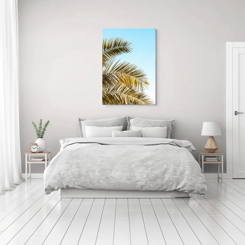 Tablou Canvas, "Frunzele aurii ale verii tropicale", Frunze, Palmier, Cer, Albastru, Soare, Varfuri, Lumina, 70 x 100 cm – poza 3