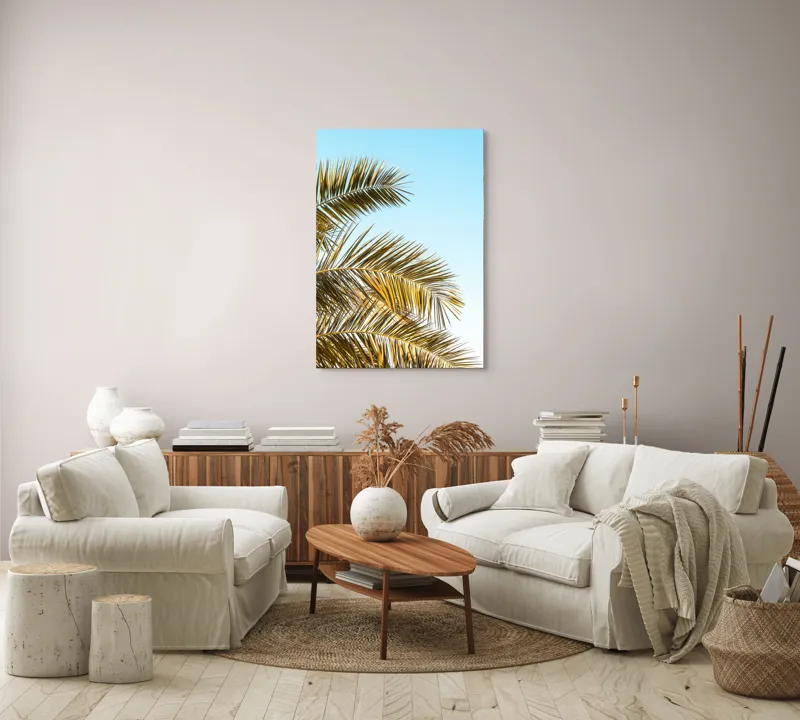Tablou Canvas, "Frunzele aurii ale verii tropicale", Frunze, Palmier, Cer, Albastru, Soare, Varfuri, Lumina, 70 x 100 cm – poza 4
