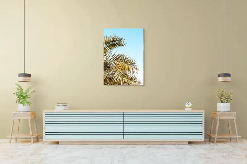 Tablou Canvas, "Frunzele aurii ale verii tropicale", Frunze, Palmier, Cer, Albastru, Soare, Varfuri, Lumina, 70 x 100 cm – poza 5