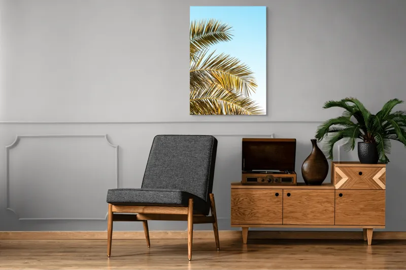Tablou Canvas, "Frunzele aurii ale verii tropicale", Frunze, Palmier, Cer, Albastru, Soare, Varfuri, Lumina, 70 x 100 cm – poza 6