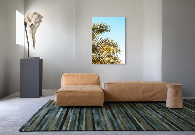 Tablou Canvas, "Frunzele aurii ale verii tropicale", Frunze, Palmier, Cer, Albastru, Soare, Varfuri, Lumina, 70 x 100 cm – poza 7